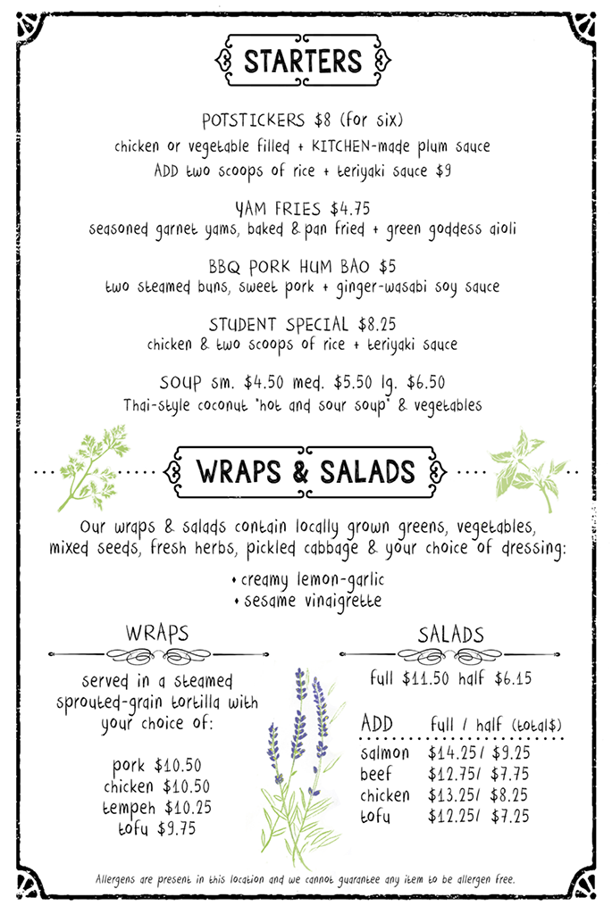 the kichen's cafe menu - starters, wraps, salads