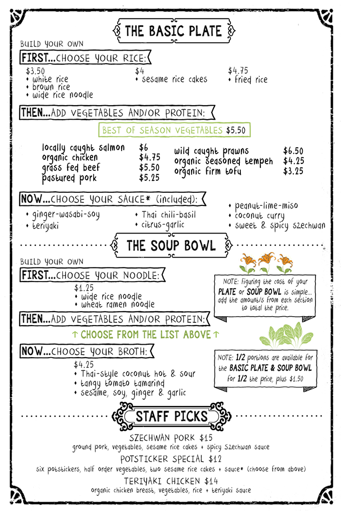 the kitchen's cafe menu - basic plate, soup bowl, staff picks